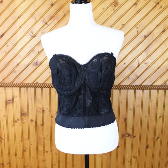 Goddess Long Line Bra Bustier Black Lace 40B 1990s Full Coverage Strapless b82 - Picture 5 of 8
